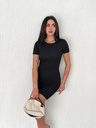 Bisiklet Yaka Kısa Kol Likralı Elbise  iyah