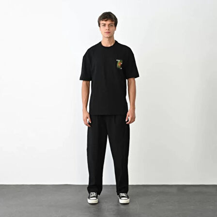 Unisex Bisiklet Yaka Baskılı Oversize Thirt  iyah