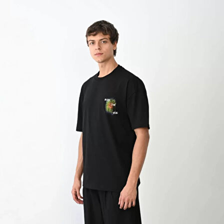 Unisex Bisiklet Yaka Baskılı Oversize Thirt  iyah