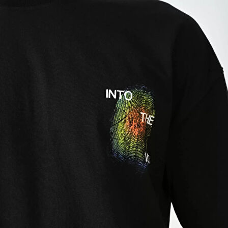 Unisex Bisiklet Yaka Baskılı Oversize Thirt  iyah