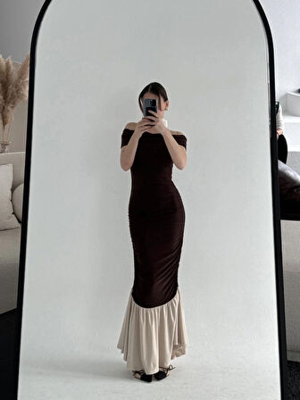 triptiz Omuzlu Uzun Elbise Kahve