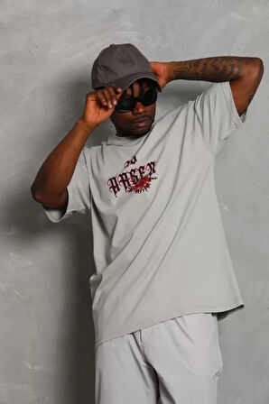 Unisex Oversize Baskılı Bisiklet Yaka Thirt  Gri