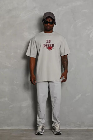 Unisex Oversize Baskılı Bisiklet Yaka Thirt  Gri