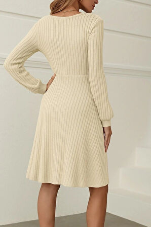 Kadın Uzun Kollu Kare Yaka Düğmeli Kısa şardonlu Iki Iplik Mini Elbise