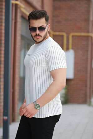 Erkek Dikey çizgili Ottoman Kumaş Kısa Kollu Tshirt