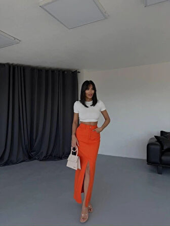 GABARDİN UZUN ÖNDEN YIRTAÇI ETEK  Turuncu