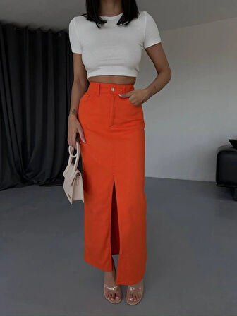 GABARDİN UZUN ÖNDEN YIRTAÇI ETEK  Turuncu