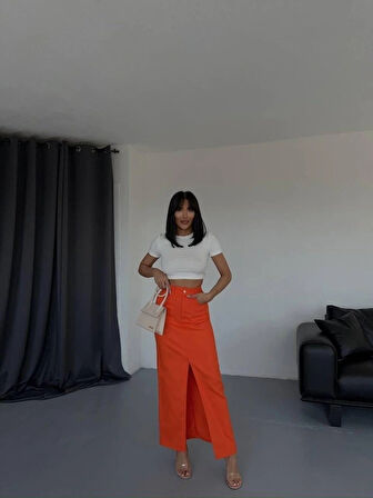 GABARDİN UZUN ÖNDEN YIRTAÇI ETEK  Turuncu