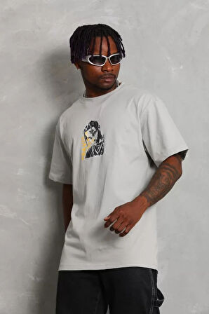 Unisex Oversize Baskılı Bisiklet Yaka Thirt  Gri