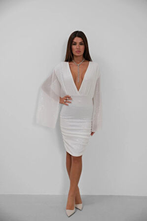 Yarasa Kol Kruvaze ırt Dekolteli Pullu Elbise