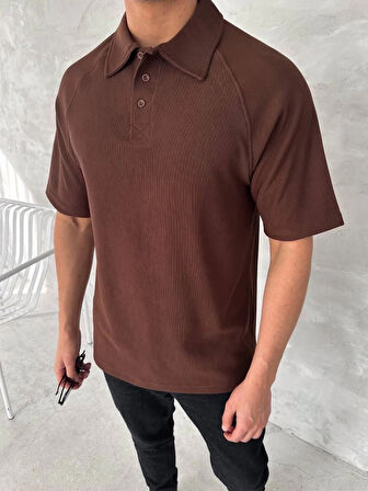 Yakalı Patlı Kısa Kol Tshirt  Kahverengi
