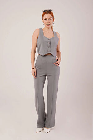 Kalın Askılı Düğmeli Yelek Ve Pantolon Gri Takım