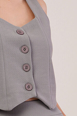 Kalın Askılı Düğmeli Yelek Ve Pantolon Gri Takım