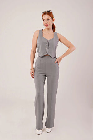 Kalın Askılı Düğmeli Yelek Ve Pantolon Gri Takım