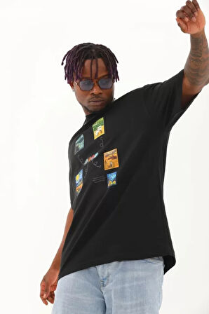 Unisex Oversize Baskılı Bisiklet Yaka Thirt  iyah