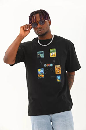 Unisex Oversize Baskılı Bisiklet Yaka Thirt  iyah