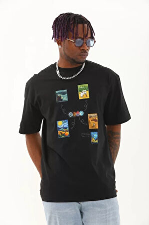 Unisex Oversize Baskılı Bisiklet Yaka Thirt  iyah