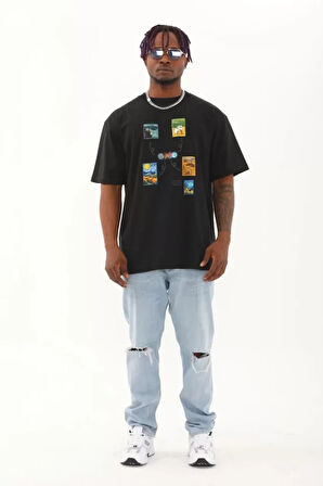 Unisex Oversize Baskılı Bisiklet Yaka Thirt  iyah