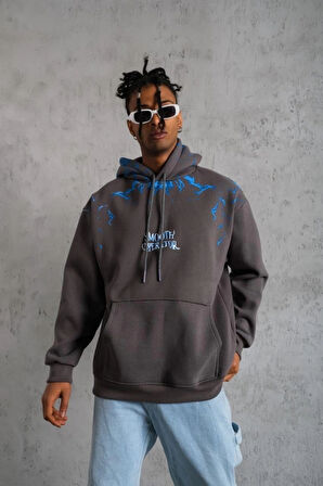 Erkek Yıldırım Baskılı Kapşonlu weatshirt  Gri