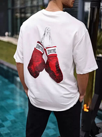 Unisex Bisiklet Yaka Baskılı Oversize Thirt  Beyaz