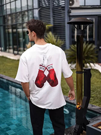 Unisex Bisiklet Yaka Baskılı Oversize Thirt  Beyaz