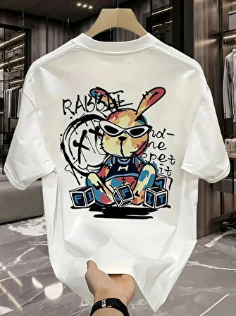 Baskılı Oversize Bisiklet Yaka Tshirt  Beyaz