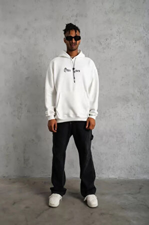 Erkek ırt Baskılı Oversize Üç İplik Kapüşonlu weatshirt  Beyaz