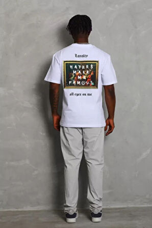 Unisex Oversize Baskılı Bisiklet Yaka Thirt  Beyaz