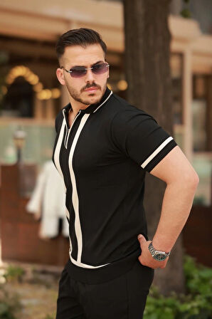 Erkek Fermuar Yakalı şerit Detaylı Kısa Kollu Tişört