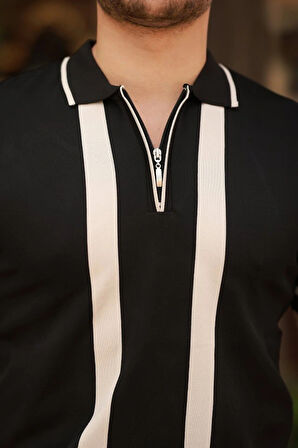 Erkek Fermuar Yakalı şerit Detaylı Kısa Kollu Tişört