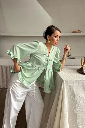 KETEN BUZ ÖNDEN BAĞAMAI FIRFIR DETAYI  Yeşil