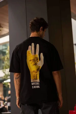 Unisex Bisiklet Yaka Baskılı Oversize Thirt  iyah