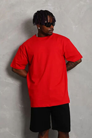 Unisex Oversize Düz Bisiklet Yaka Thirt  Kırmızı