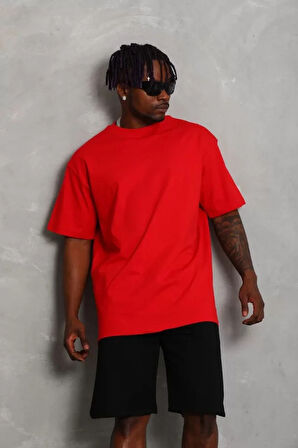 Unisex Oversize Düz Bisiklet Yaka Thirt  Kırmızı