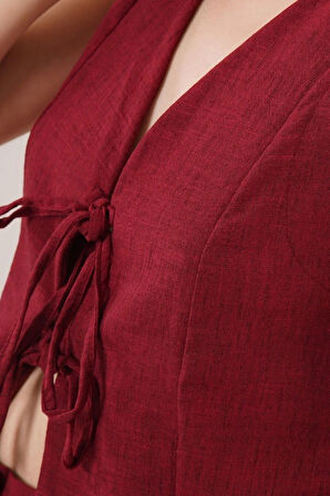 Ön Bağlama Detaylı Yelek Ve Pantolon Bordo İkili Takım