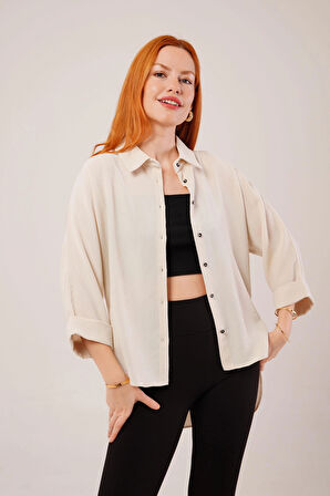 Kol Katlama Detaylı Bej Gömlek
