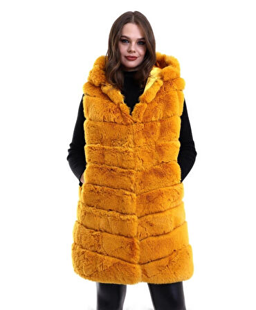 Kapşonlu Peluş Kürk Yelek Premium Kalite, Tam Astarlı, Uzun odel  arı