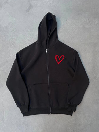 Üç İplik Baskılı Fermuarlı Kapşonlu Hırka  iyah