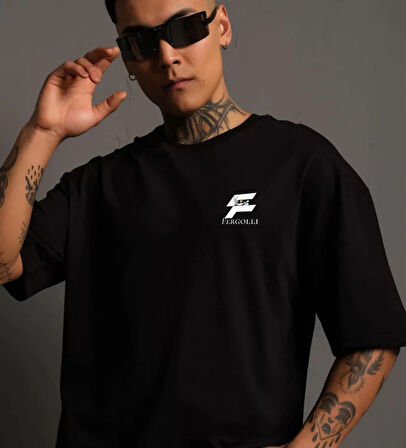 Unisex Bisiklet Yaka Baskılı Oversize Thirt  iyah