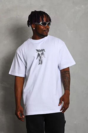 Unisex Oversize Baskılı Bisiklet Yaka Thirt  Beyaz