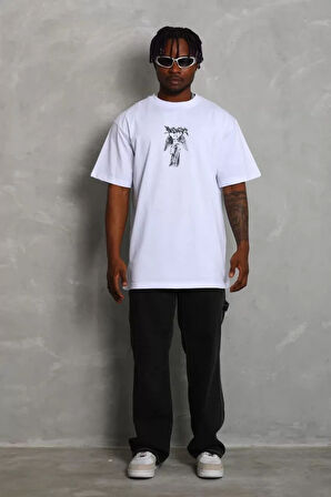 Unisex Oversize Baskılı Bisiklet Yaka Thirt  Beyaz