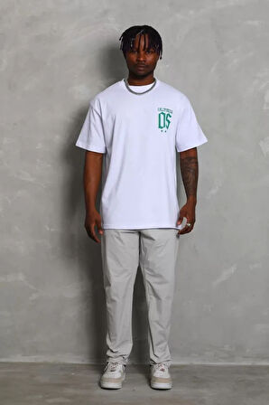 Unisex Oversize Baskılı Bisiklet Yaka Thirt  Beyaz