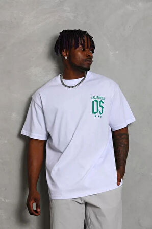 Unisex Oversize Baskılı Bisiklet Yaka Thirt  Beyaz