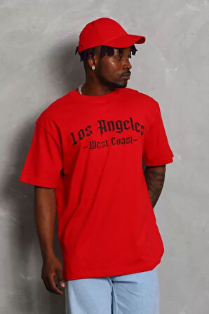 Unisex Oversize Baskılı Bisiklet Yaka Thirt  Kırmızı