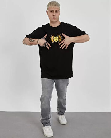 Unisex Bisiklet Yaka Baskılı Oversize Thirt  iyah