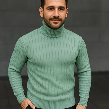 Erkek Balıkcı Yaka Bağazlı Triko Kazak Pamuklu Kalın Fitilli Dokuma, Regular Fit Uzun Kollu Kışlık odel  int Yeşili