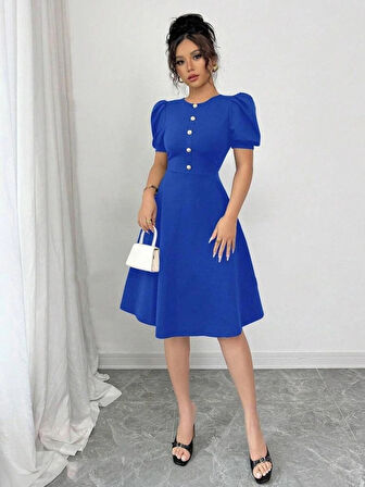 Kadın Kısa Kollu Bisiklet Yaka önden Düğmeli Ithal Krep Elbise