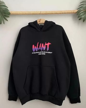 Baskılı Üç İplik Kapüşonlu Oversize weatshirt  iyah