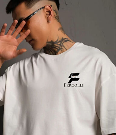 Unisex Bisiklet Yaka Baskılı Oversize Thirt  Beyaz