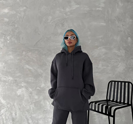 Kapşonlu Üç İplik Penye Basic weathirt  Füme